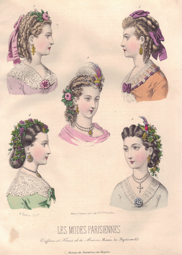 FASHION. Parisian ladies hair arrangements 1869 old antique print picture